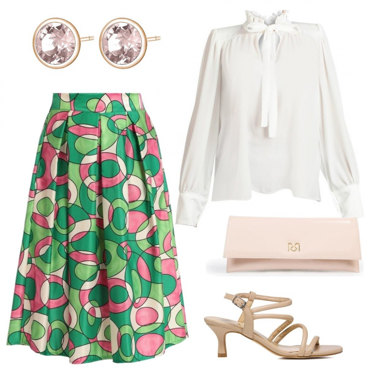 Outfit donna - Cerimonia in rosa. Stile Bon Ton per Cerimonia. Abbinamento con gonne lunghe, bluse, pochette, orecchini, sandali in pelle.