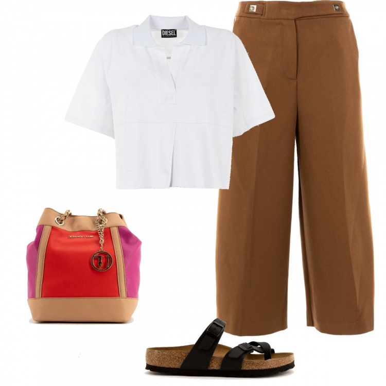 Outfit donna - Basic monday. Stile Basic per Tutti i giorni. Abbinamento con pantaloni culotte, ciabatte, polo, borse a mano.