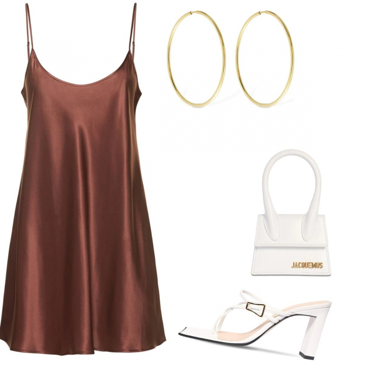Outfit donna - Anniversario. Stile Sexy per Serata fuori. Abbinamento con sandali in pelle, vestiti, borse a mano, orecchini.