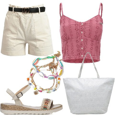 Outfit donna - PittaRosso Summer Vibes. Stile Casual per Tutti i giorni. Abbinamento con shorts, top, braccialetti, sandali in pelle, borse a spalla.