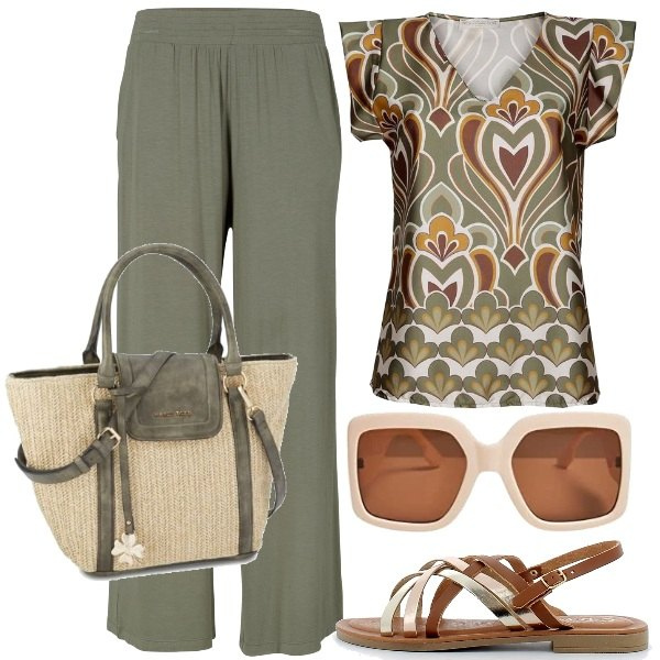 Outfit donna - Una corsa a fare la spesa. Stile Casual per Tutti i giorni. Abbinamento con pantaloni, bluse, sandali in pelle, occhiali da sole, borse a spalla.