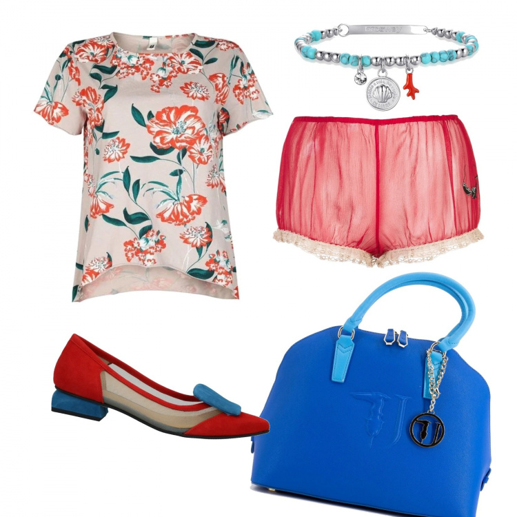 Outfit donna - La ballerina moderna. Stile Sexy per Serata fuori. Abbinamento con t-shirt, borse a mano, braccialetti, pantaloni corti, ballerine.