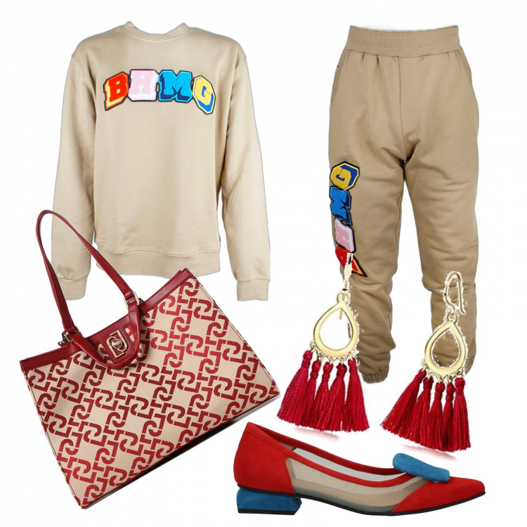 Outfit donna - Serata fresca. Stile Urban per Serata fuori. Abbinamento con shopping bag, pantaloni, felpe, ballerine, orecchini.