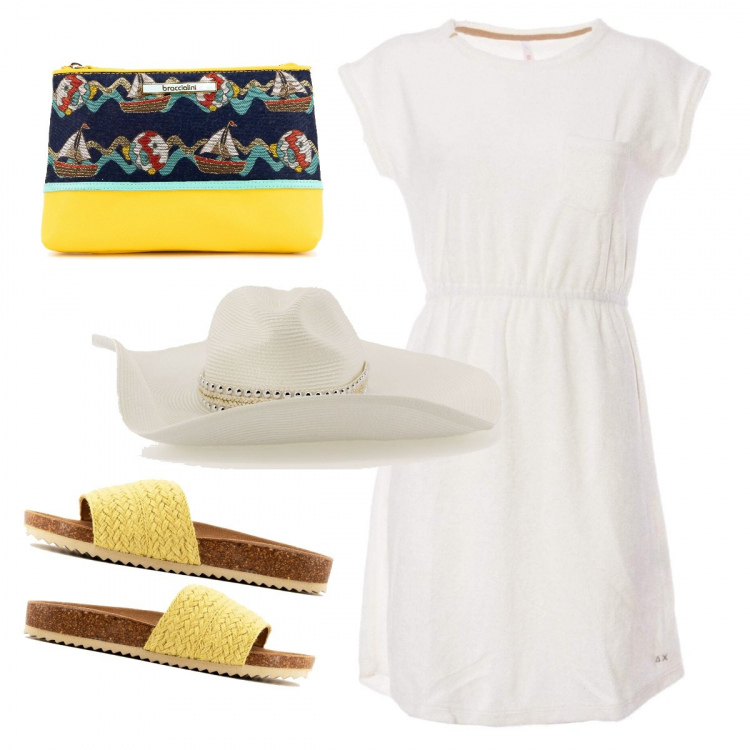 Outfit donna - Spiagge bianche, sole giallo, mare blu. Stile Casual chic per Tutti i giorni. Abbinamento con vestiti corti, ciabatte, pochette, cappelli.
