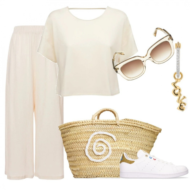 Outfit donna - A fare la spesa con stile. Stile Casual per Tutti i giorni. Abbinamento con pantaloni, t-shirt, sneakers, borse a mano, orecchini, occhiali da sole.