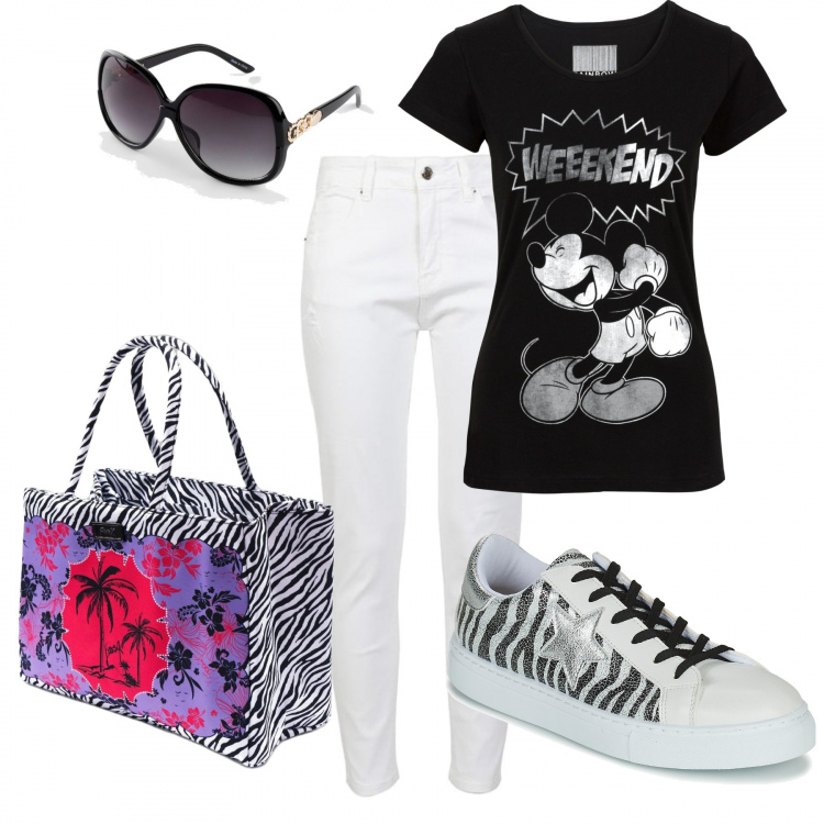 Outfit donna - Il weekend é alle porte. Stile Casual per Tutti i giorni. Abbinamento con t-shirt, occhiali da sole, jeans strappati, sneakers, borse a mano.