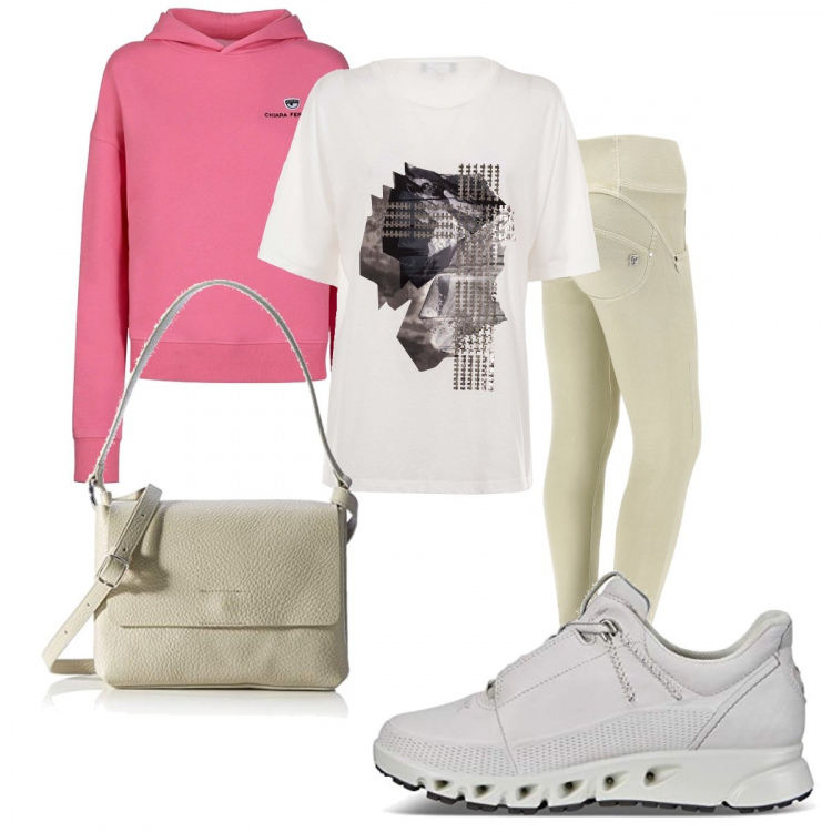 Outfit donna - Felpa rosa. Stile Casual per Tutti i giorni. Abbinamento con pantaloni skinny, felpe con cappuccio, t-shirt, sneakers, borse a tracolla.