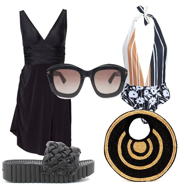Outfit donna - Si scende al mare. Stile Trendy per Mare. Abbinamento con vestiti da spiaggia, costumi interi, occhiali da sole, borse a mano, infradito.