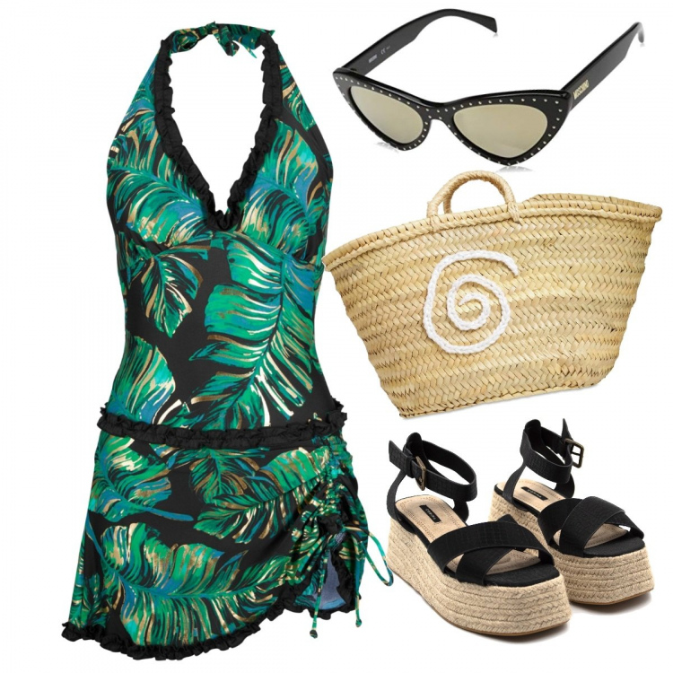 Outfit donna - L\'abito costume. Stile Trendy per Mare. Abbinamento con vestiti da spiaggia, espadrillas, borse a mano, occhiali da sole.