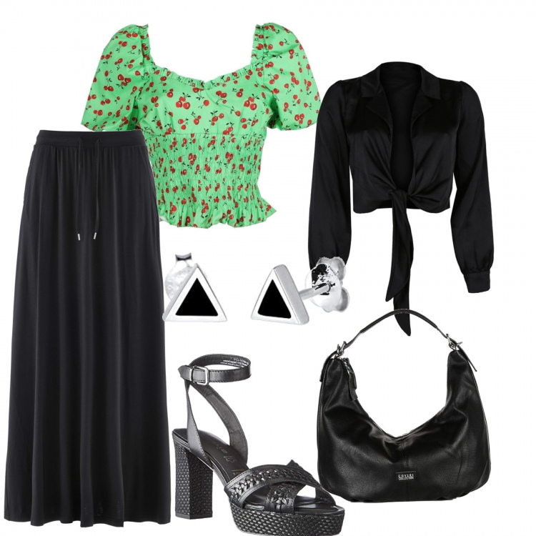 Outfit donna - Serata. Stile Casual chic per Serata fuori. Abbinamento con gonne, camicie, top, borse a spalla, sandali col tacco, orecchini.