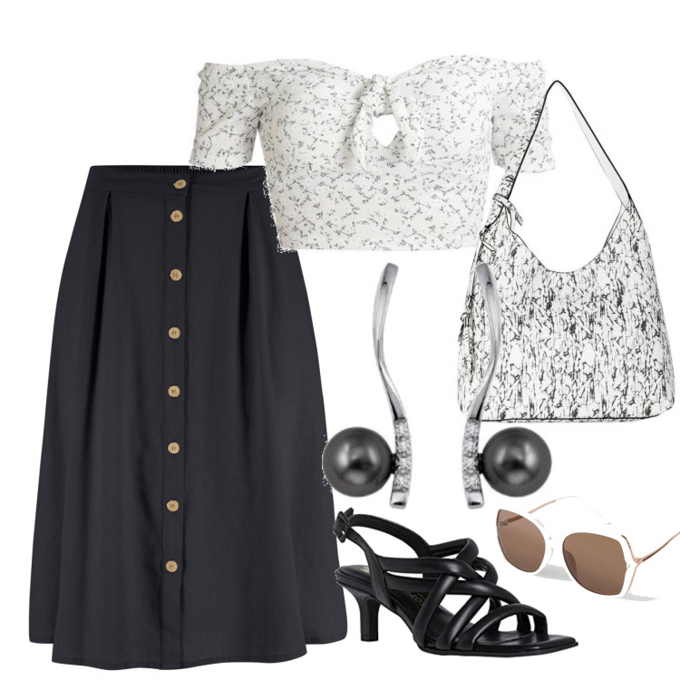 Outfit donna - In città. Stile Casual per Tutti i giorni. Abbinamento con gonne longuette, occhiali da sole, pochette, top, sandali col tacco, orecchini.
