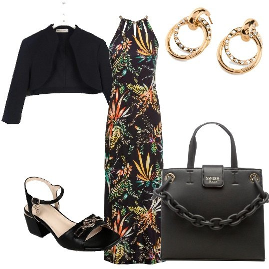 Outfit donna - Abito lungo con spacchi fantasia foglie. Stile Chic per Serata fuori. Abbinamento con vestiti lunghi, orecchini, sandali in pelle, blazer, borse a mano.