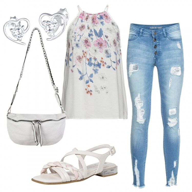 Outfit donna - Casual #10140. Stile Casual per Tutti i giorni. Abbinamento con top, jeans strappati, marsupi, sandali col tacco, orecchini.