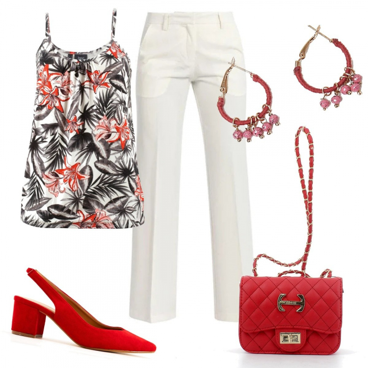 Outfit donna - Fresca e colorata. Stile Bon Ton per Tutti i giorni. Abbinamento con top, pantaloni, décolleté, orecchini, borse a tracolla.