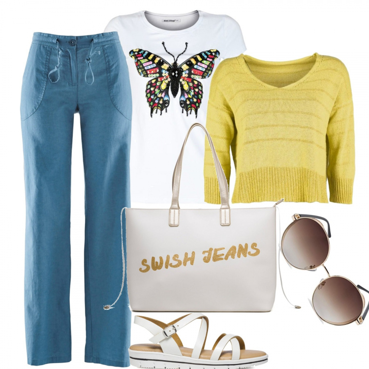 Outfit donna - Fresco la mattina presto. Stile Sporty chic per Tutti i giorni. Abbinamento con pantaloni a palazzo, t-shirt, maglieria, sandali in pelle, borse a spalla, occhiali da sole.