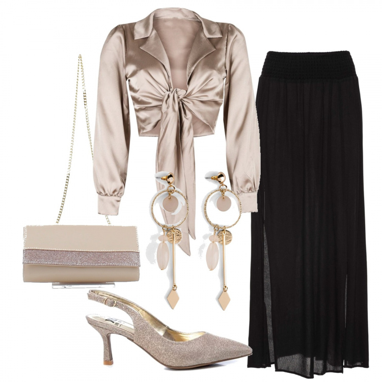 Outfit donna - Glamour #6130. Stile Glamour per Serata fuori. Abbinamento con gonne lunghe, orecchini, camicie, clutch, sandali col tacco.