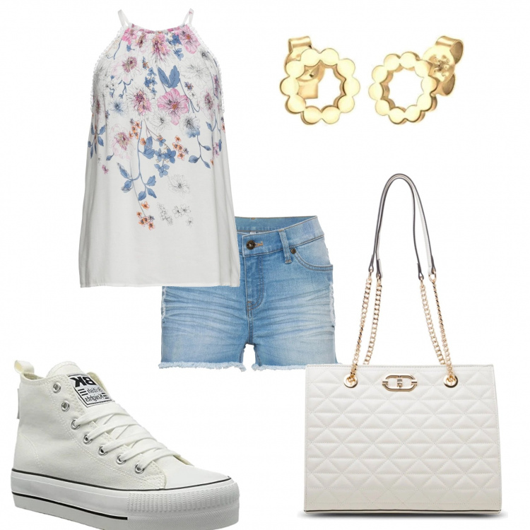 Outfit donna - Jeans corti top bianco fiorato. Stile Casual per Tutti i giorni. Abbinamento con top, shorts, borse a tracolla, sneakers alte, orecchini.