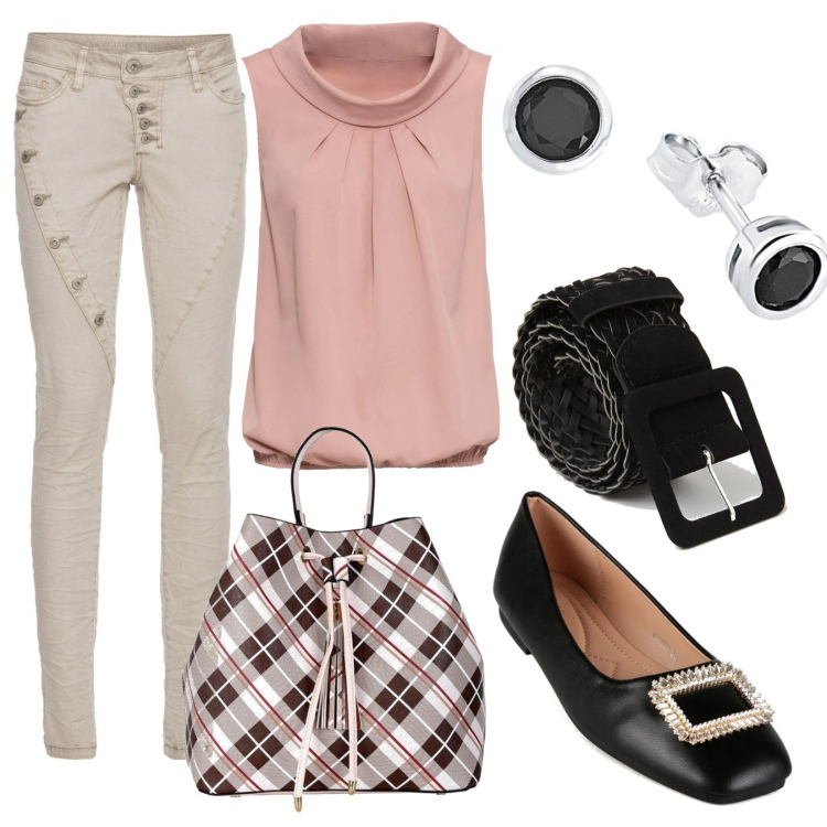 Outfit donna - In giro a fare spese. Stile Casual chic per Tutti i giorni. Abbinamento con top, pantaloni, borse a secchiello, ballerine, cinture, orecchini.