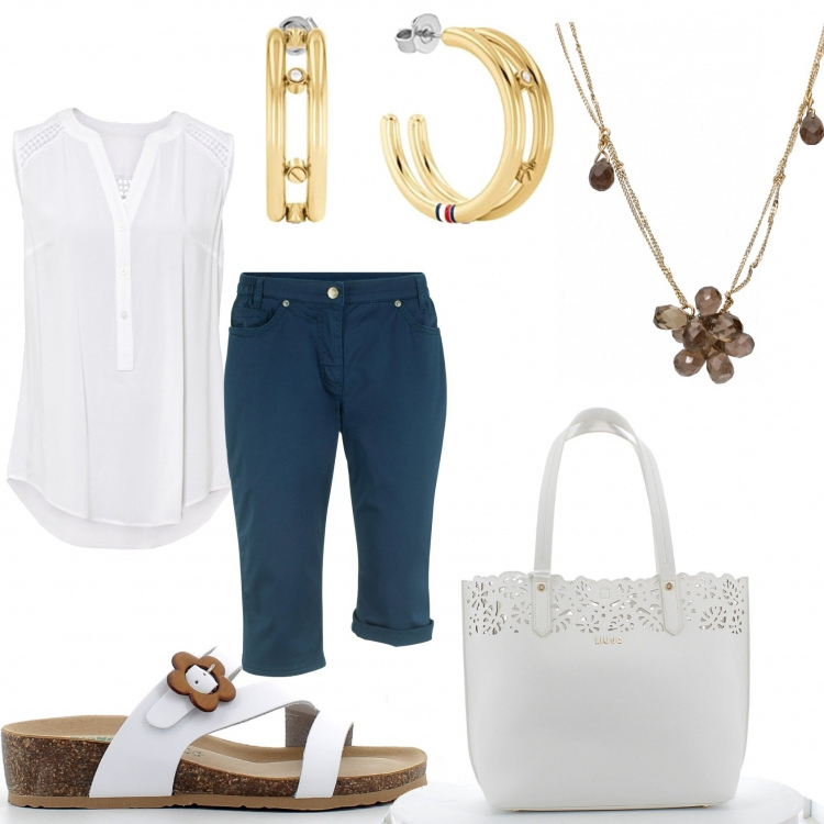 Outfit donna - Bermuda jeans casacca bianca. Stile Casual chic per Tutti i giorni. Abbinamento con bermuda, top, ciondoli, zeppe, shopping bag, orecchini.
