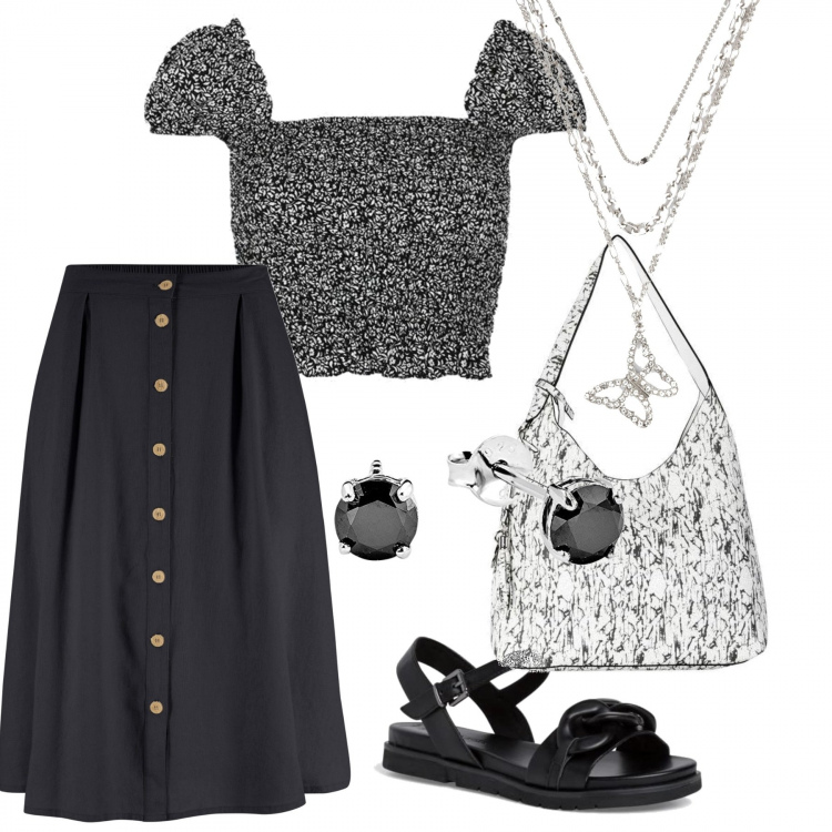 Outfit donna - Total look #1352344. Stile Romantica per Tutti i giorni. Abbinamento con gonne longuette, ciondoli, pochette, top, sandali, orecchini.