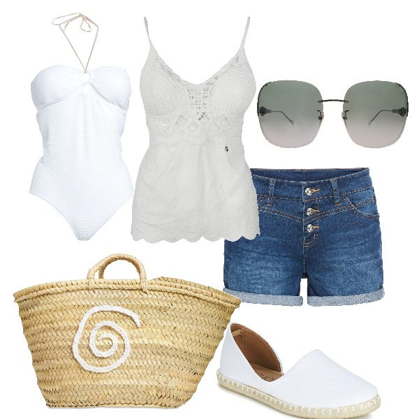Outfit donna - Total look #1352412. Stile Basic per Mare. Abbinamento con shorts, costumi interi, occhiali da sole, espadrillas, top, borse a mano.