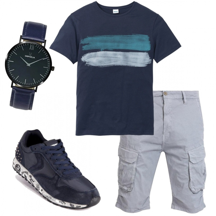 Outfit uomo - Casual #11661. Stile Casual per Tutti i giorni. Abbinamento con t-shirt, sneakers, bermuda, orologi analogici.