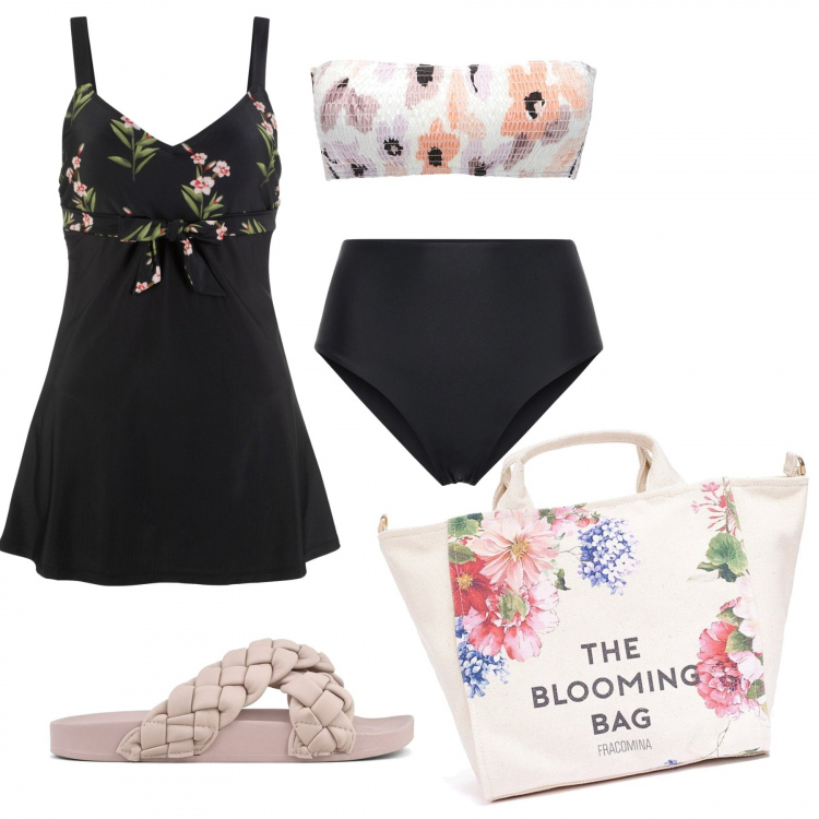 Outfit donna - Un mare fiorito. Stile Vintage retrò per Mare. Abbinamento con vestiti da spiaggia, ciabatte, borse tote, bikini, bikini.