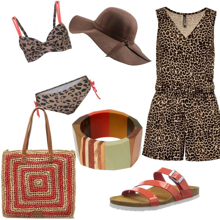 Outfit donna - Grintoso animalier. Stile Casual chic per Mare. Abbinamento con bikini, tuta corta, braccialetti, sabot, cappelli, shopping bag.