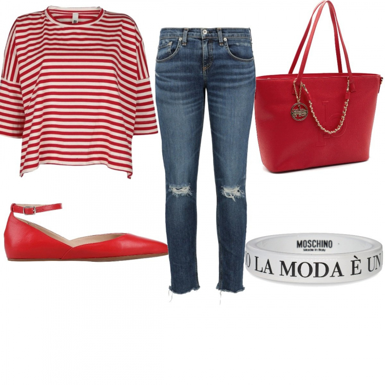 Outfit donna - Semplicemente rosso. Stile Basic per Tutti i giorni. Abbinamento con ballerine, t-shirt, pantaloni, braccialetti, shopping bag.
