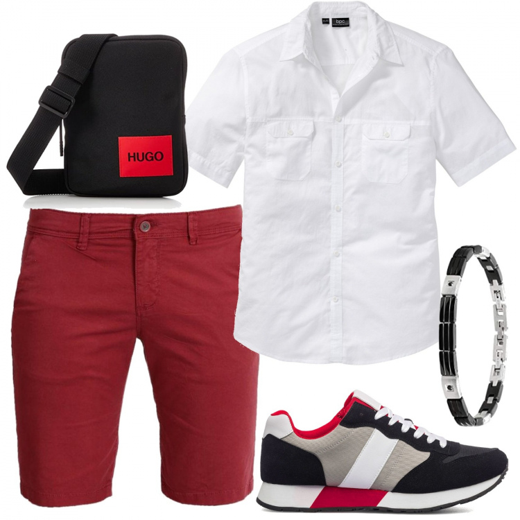 Outfit uomo - Total look #1353021. Stile Casual per Tutti i giorni. Abbinamento con camicie a manica corta, bermuda, sneakers, borse sportive, braccialetti.
