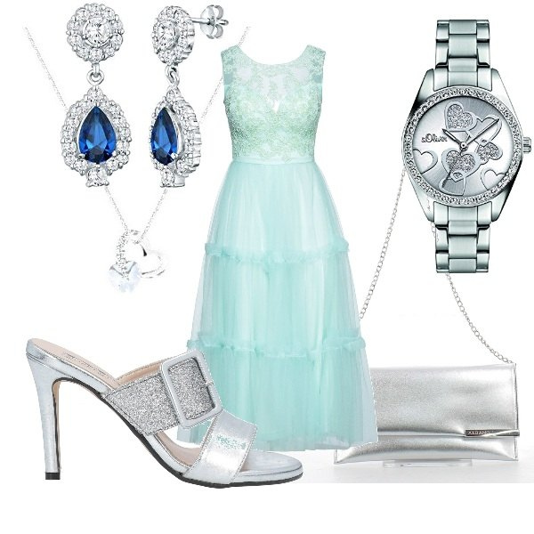 Outfit donna - Moderna cenerentola. Stile Romantica per Cerimonia. Abbinamento con vestiti midi/longuette, sandali in pelle, clutch, orologi, orecchini, collane.