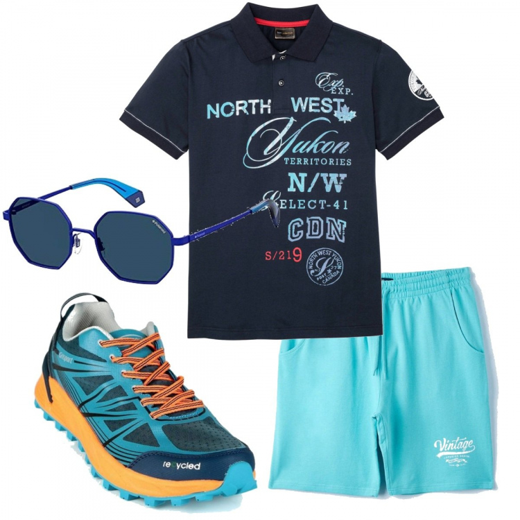 Outfit uomo - Casual #11720. Stile Casual per Mare. Abbinamento con polo, shorts, sneakers, occhiali da sole.