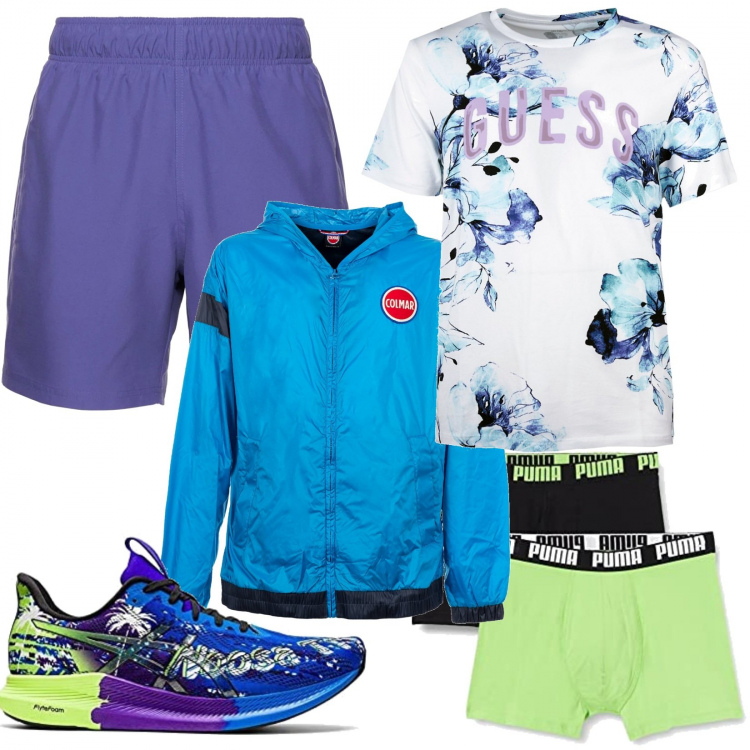 Outfit uomo - Passeggiata in bici la sera. Stile Urban per Sport. Abbinamento con giacche, t-shirt, sneakers, boxer, shorts.