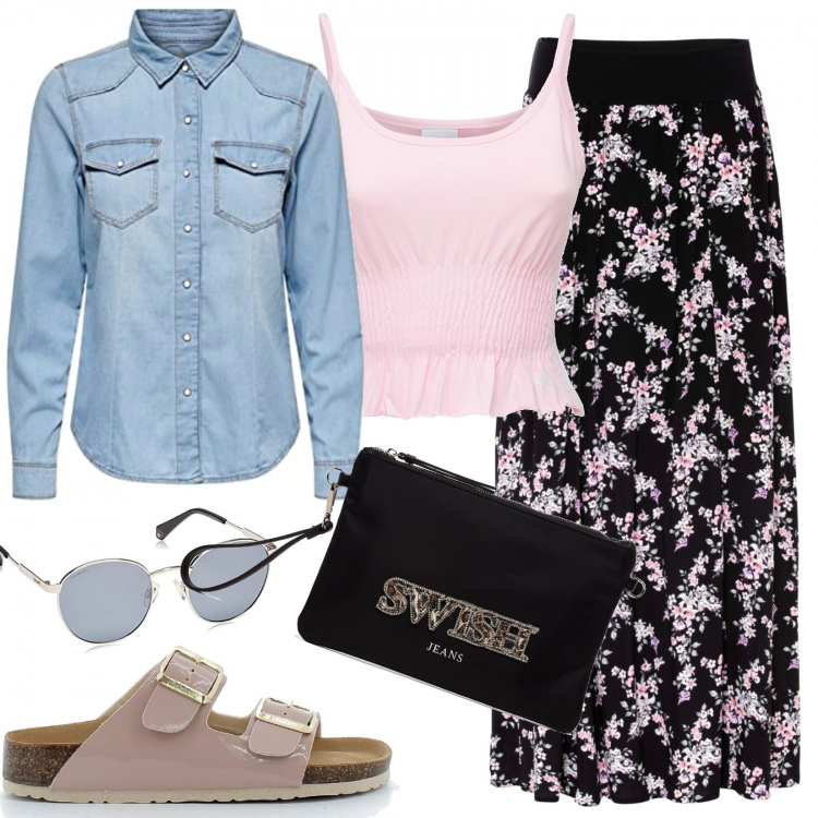Outfit donna - Camicia in denim. Stile Casual per Tutti i giorni. Abbinamento con gonne lunghe, sandali in pelle, clutch, top, camicie, occhiali da sole.