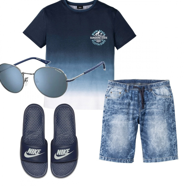 Outfit uomo - Casual #11751. Stile Casual per Mare. Abbinamento con bermuda, t-shirt, sandali, occhiali da sole.