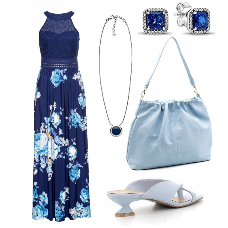 Outfit donna - Total look #1353377. Stile Basic per Serata fuori. Abbinamento con vestiti lunghi, borse a spalla, sandali in pelle, collane, orecchini.