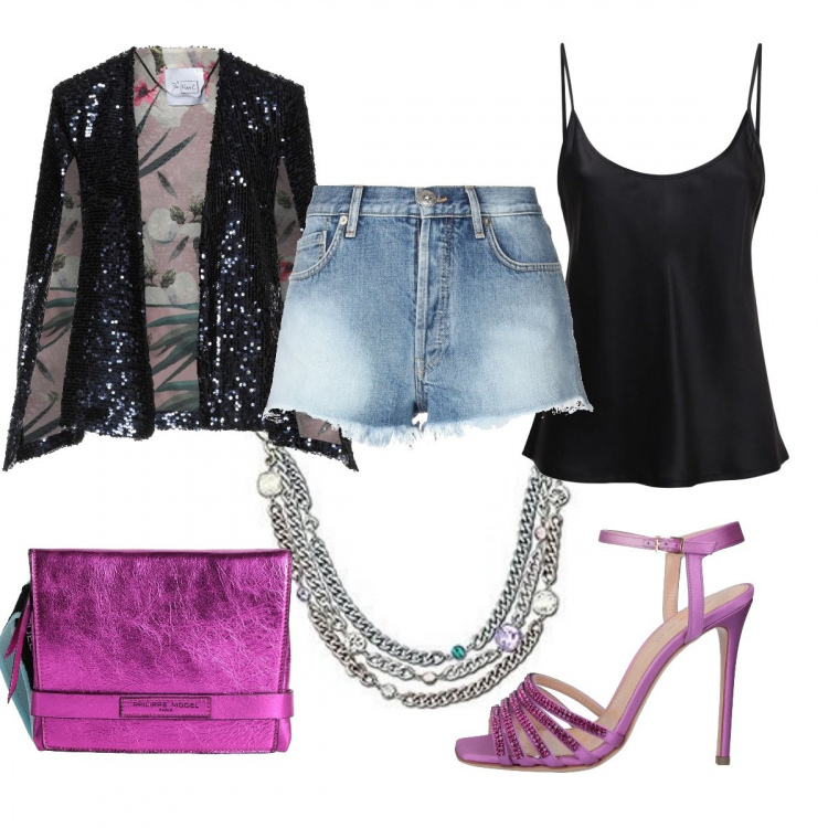 Outfit donna - Summer Disco Sun. Stile Trendy per Serata fuori. Abbinamento con blazer, sandali in pelle, shorts, borse a mano, top, collane.