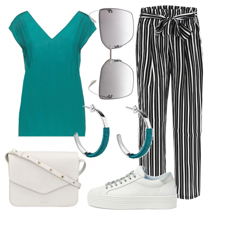 Outfit donna - Bianco Nero E Verde. Stile Casual per Tutti i giorni. Abbinamento con bluse, sneakers, borse a spalla, pantaloni a palazzo, orecchini, occhiali da sole.