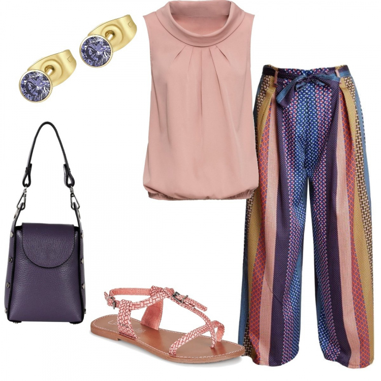 Outfit donna - Righe multicolore. Stile Casual chic per Tutti i giorni. Abbinamento con top, pantaloni, borse a secchiello, sandali, orecchini.