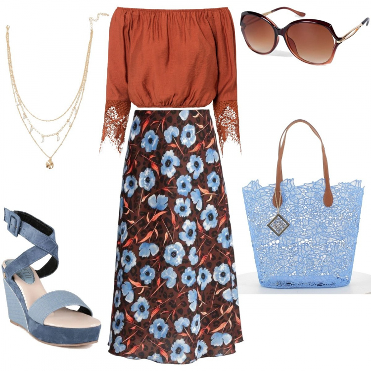 Outfit donna - Estate 50 +. Stile Casual per Tutti i giorni. Abbinamento con vestiti, gonne lunghe, sandali in pelle, collane, borse a mano, occhiali da sole.