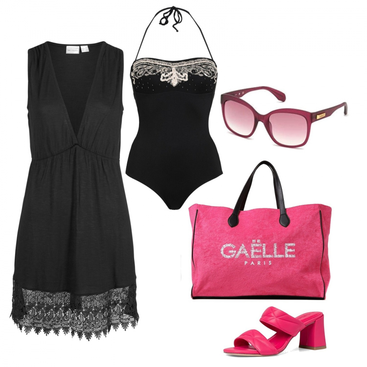 Outfit donna - Chic al lido e dopo il brunch. Stile Chic per Mare. Abbinamento con vestiti da spiaggia, costumi interi, shopping bag, sandali col tacco, occhiali da sole.