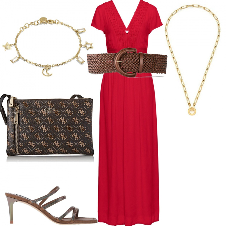 Outfit donna - Abito rosso. Stile Casual per Tutti i giorni. look ideale per Tall. Abbinamento con vestiti lunghi, cinture, sandali in pelle, braccialetti, borse a tracolla, ciondoli.