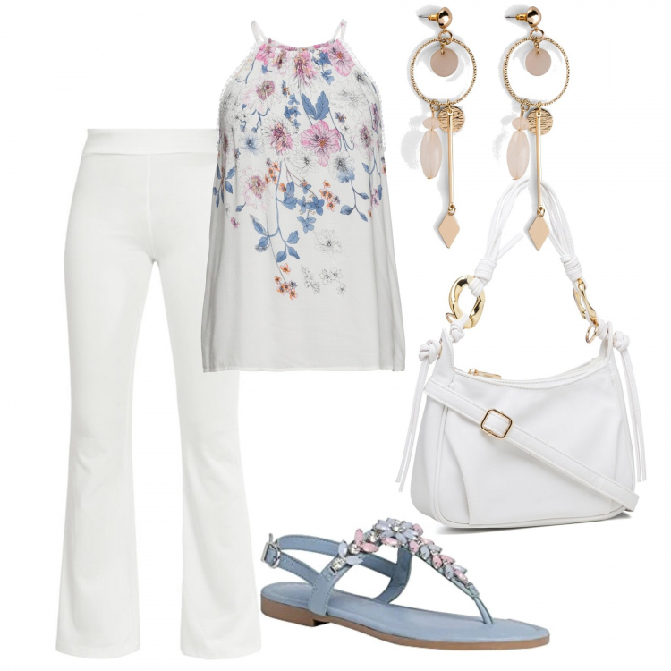 Outfit donna - Bianco romantico. Stile Romantica per Tutti i giorni. Abbinamento con top, orecchini, pantaloni, borse a mano, sandali.