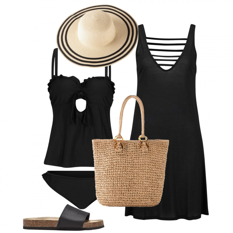 Outfit donna - Il mare mi aspetta. Stile Chic per Mare. Abbinamento con vestiti da spiaggia, costumi interi, ciabatte, shopping bag, cappelli.