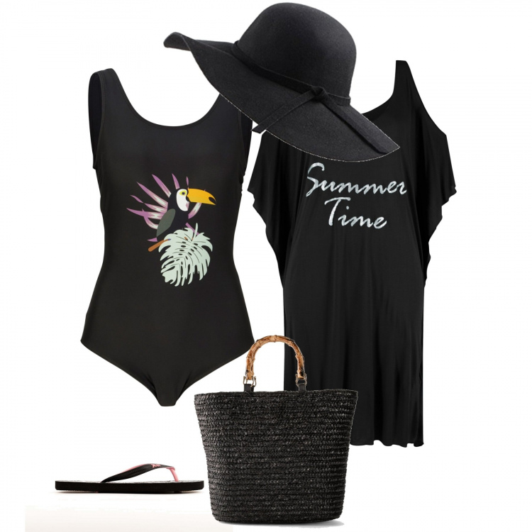 Outfit donna - In spiaggia. Stile Casual chic per Mare. Abbinamento con vestiti da spiaggia, costumi interi, maglieria, ciabatte, cappelli.