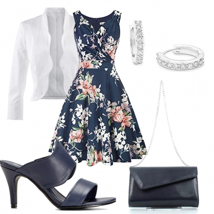 Outfit donna - Vestito blu fiorato giacca bianca. Stile Chic per Cerimonia. Abbinamento con blazer, pantofole, clutch, vestiti senza maniche, orecchini.