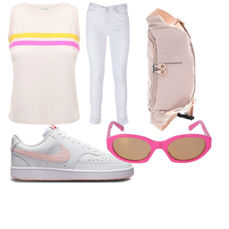 Outfit donna - Casual #10427. Stile Casual per Scuola/Università. Abbinamento con sneakers, pantaloni skinny, canottiere, occhiali da sole, marsupi.