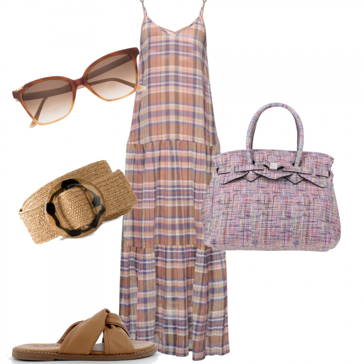 Outfit donna - Una giornata estiva. Stile Casual per Tutti i giorni. Abbinamento con cinture, vestiti lunghi, borse a mano, occhiali da sole, sandali in pelle.