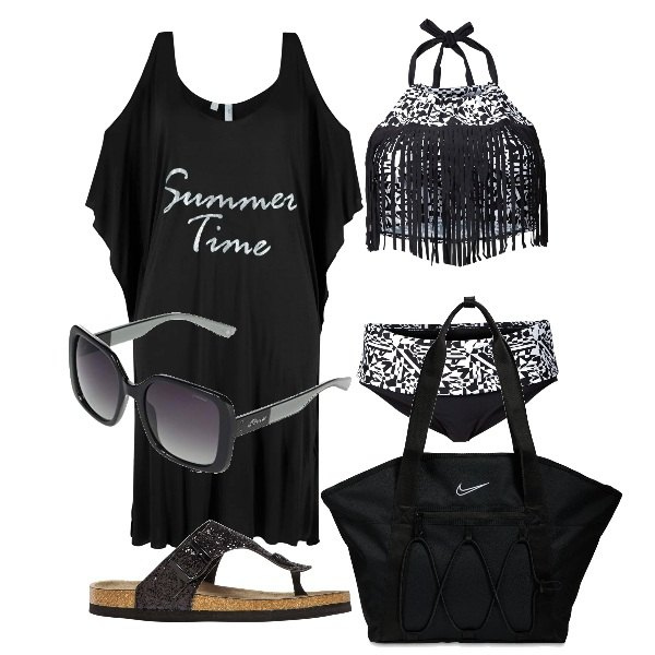 Outfit donna - Frange nel costume. Stile Casual per Mare. Abbinamento con vestiti da spiaggia, infradito, bikini, shopping bag, occhiali da sole.