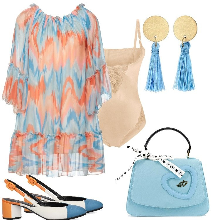Outfit donna - Sotto i Portici. Stile Casual chic per Tutti i giorni. Abbinamento con body, vestiti corti, décolleté, borse a tracolla, orecchini.